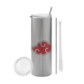 Naruto  Akatsuki Cloud, Eco friendly stainless steel Silver tumbler 600ml, with metal straw & cleaning brush