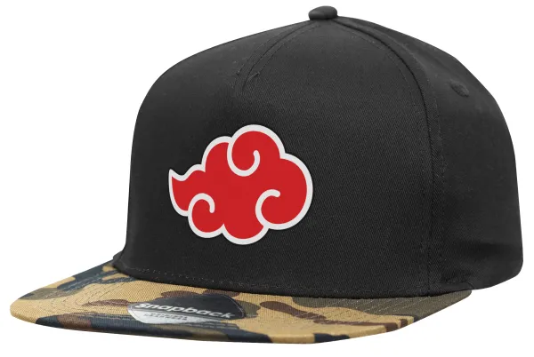 Naruto  Akatsuki Cloud — Adult Flat Snapback Hat Black/Camouflage, (100% COTTON TWILL, ADULT, UNISEX, ONE SIZE)