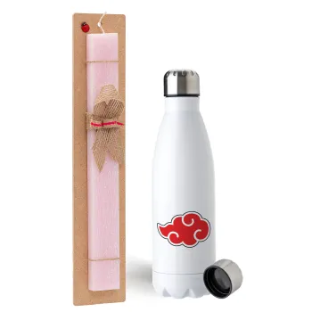 Naruto  Akatsuki Cloud, Easter Set, metallic stainless steel water bottle (750ml) & scented flat Easter candle (30cm) (PINK)