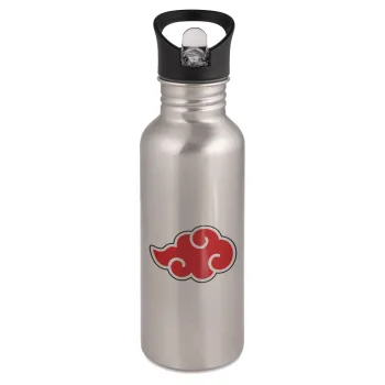 Naruto  Akatsuki Cloud, Water bottle Silver with straw, stainless steel 600ml