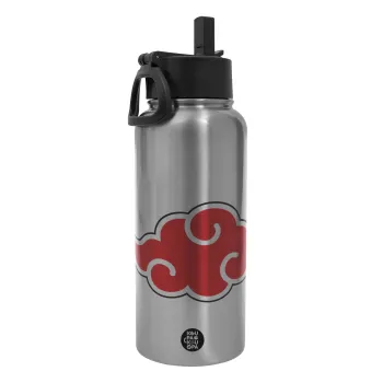 Naruto  Akatsuki Cloud, Metal mug thermo Silver with Straw and Spout Lid (Stainless steel), double wall, 950ml