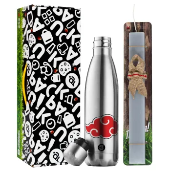 Naruto  Akatsuki Cloud, Easter Set, metallic stainless thermos flask (500ml) & scented flat Easter candle (30cm) (GRAY)