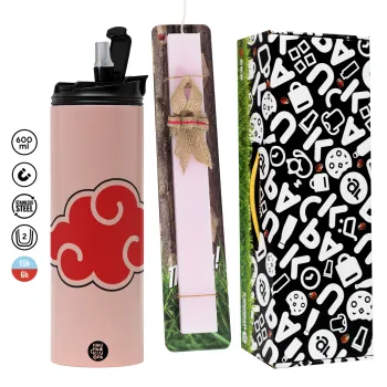 Naruto  Akatsuki Cloud, Πασχαλινή Λαμπάδα με  ΡΟΖ Travel Tumbler θερμό (600ml, BPA free) & κερί αρωματικό πλακέ (30cm) (ΡΟΖ)