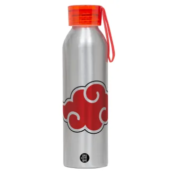 Naruto  Akatsuki Cloud, Αλουμινένιο Αθλητικό Μπουκάλι 650ml – Ασημί με Κόκκινο Καπάκι και Λουράκι Σιλικόνης