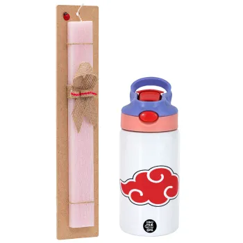 Naruto  Akatsuki Cloud, Easter Set, Children's thermal stainless steel water bottle with safety straw, pink/purple (350ml) & Easter scented flat candle (30cm) (PINK)