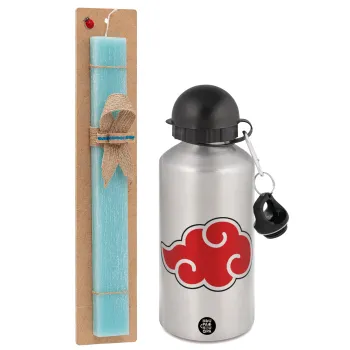 Naruto  Akatsuki Cloud, Easter Set, metallic silver aluminum water bottle (500ml) & scented flat Easter candle (30cm) (TURQUOISE)