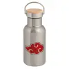 Stainless steel metallic thermos flask, silver with a bamboo lid, double-walled, 350ml.