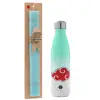 Easter Set, Metallic green/white thermos (Stainless steel), double-walled, 500ml & scented flat Easter candle (30cm) (TURQUOISE)