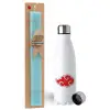 Easter Set, metallic stainless steel water bottle (750ml) & aromatic flat Easter candle (30cm) (TURQUOISE)
