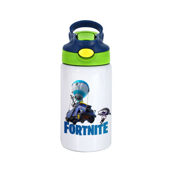 Fortnite Bus, Children's hot water bottle, stainless steel, with safety straw, green, blue (350ml)