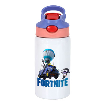 Fortnite Bus, Children's hot water bottle, stainless steel, with safety straw, pink/purple (350ml)