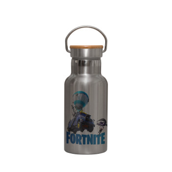 Fortnite Bus, Stainless steel metallic thermos flask, silver with a bamboo lid, double-walled, 350ml.