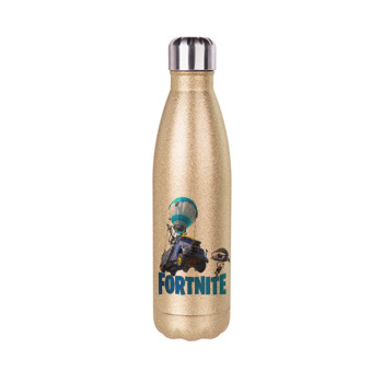 Fortnite Bus, Μεταλλικό παγούρι θερμός Glitter χρυσό (Stainless steel), διπλού τοιχώματος, 500ml