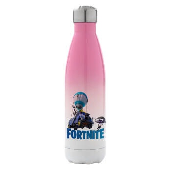 Fortnite Bus, Metal mug thermos Pink/White (Stainless steel), double wall, 500ml