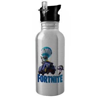 Fortnite Bus, Water bottle Silver with straw, stainless steel 600ml