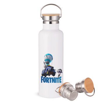 Fortnite Bus, Μεταλλικό παγούρι θερμός (Stainless steel) Λευκό με ξύλινο καπάκι (bamboo), διπλού τοιχώματος, 750ml