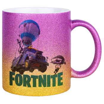 Fortnite Bus, Κούπα Χρυσή/Ροζ Glitter, κεραμική, 330ml