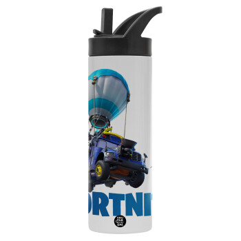 Fortnite Bus, Metallic thermos bottle with straw & handle, stainless steel (Stainless steel 304), double-walled, 600ml.