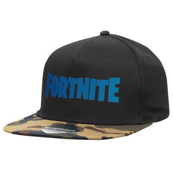 Fortnite Bus, Adult Flat Snapback Hat Black/Camouflage, (100% COTTON TWILL, ADULT, UNISEX, ONE SIZE)