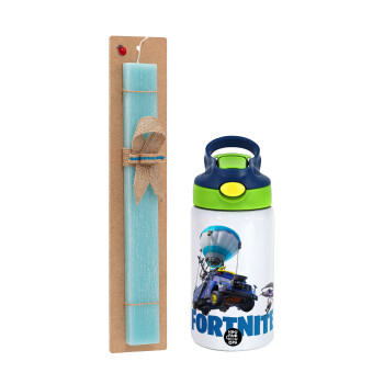 Fortnite Bus, Easter Set, Children's thermal stainless steel bottle with safety straw, green/blue (350ml) & aromatic flat Easter candle (30cm) (TURQUOISE)