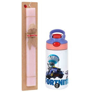 Fortnite Bus, Πασχαλινή Λαμπάδα με Παιδικό παγούρι θερμό, ανοξείδωτο, με καλαμάκι ασφαλείας, ροζ/μωβ (350ml) & κερί αρωματικό πλακέ (30cm) (ΡΟΖ)