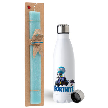 Fortnite Bus, Easter Set, metallic stainless steel water bottle (750ml) & aromatic flat Easter candle (30cm) (TURQUOISE)
