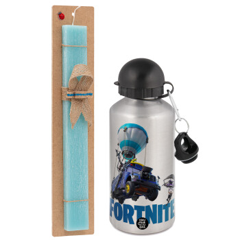Fortnite Bus, Easter Set, metallic silver aluminum water bottle (500ml) & scented flat Easter candle (30cm) (TURQUOISE)