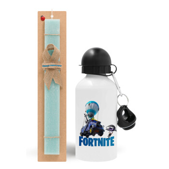 Fortnite Bus, Easter Set, metallic aluminum water bottle (500ml) & scented flat candle (30cm) (TURQUOISE)