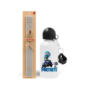 Fortnite Bus, Easter Set, metallic aluminum water bottle (500ml) & aromatic flat Easter candle (30cm) (GRAY)