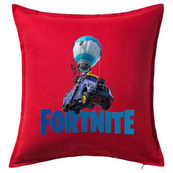 Fortnite Bus, Μαξιλάρι καναπέ Κόκκινο 100% βαμβάκι, περιέχεται το γέμισμα (50x50cm)