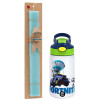 Easter Set, Children's thermal stainless steel bottle with safety straw, green/blue (350ml) & aromatic flat Easter candle (30cm) (TURQUOISE)