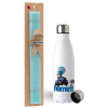 Easter Set, metallic stainless steel water bottle (750ml) & aromatic flat Easter candle (30cm) (TURQUOISE)