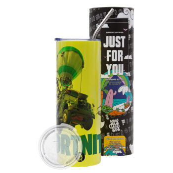 Fortnite Bus, Neon Yellow Travel Tumbler θερμό, μεταλλικό καλαμάκι(Ανωξείδωτο 304 Food grade, BPA free, 600ml)
