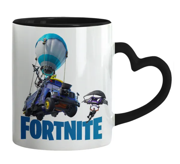 Fortnite Bus — Mug heart black handle, ceramic, 330ml