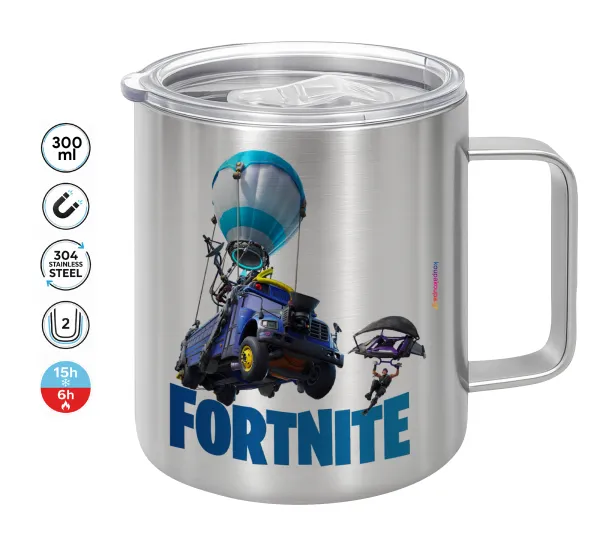 Fortnite Bus — Double-walled stainless steel mug 300ml with temperature-retaining lid