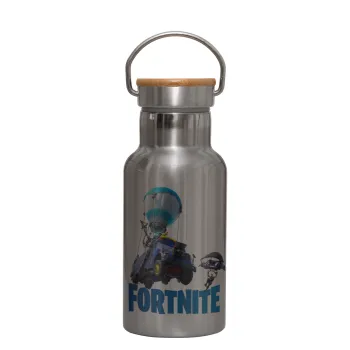 Fortnite Bus, Μεταλλικό παγούρι θερμός (Stainless steel) Ασημένιο με ξύλινο καπακι (bamboo), διπλού τοιχώματος, 350ml