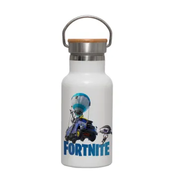 Fortnite Bus, Μεταλλικό παγούρι θερμός (Stainless steel) Λευκό με ξύλινο καπακι (bamboo), διπλού τοιχώματος, 350ml