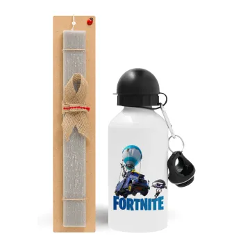 Fortnite Bus, Easter Set, metallic aluminum water bottle (500ml) & aromatic flat Easter candle (30cm) (GRAY)