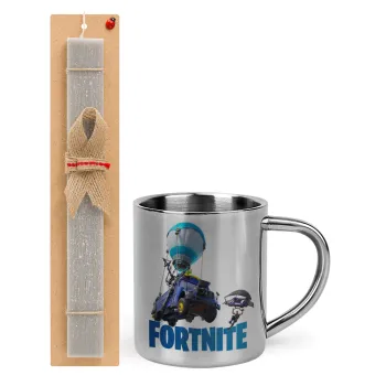Fortnite Bus, Easter Set, metallic thermal cup (300ml) & Easter aromatic flat candle (30cm) (GRAY)