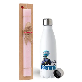 Fortnite Bus, Easter Set, metallic stainless steel water bottle (750ml) & scented flat Easter candle (30cm) (PINK)