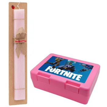 Fortnite Bus, Easter Set, children's snack container PINK & scented flat Easter candle (30cm) (PINK)