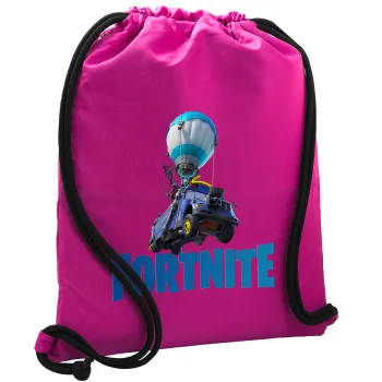 Fortnite Bus, Τσάντα πλάτης πουγκί GYMBAG Φούξια, με τσέπη (40x48cm) & χονδρά κορδόνια