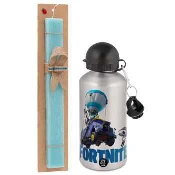 Fortnite Bus, Easter Set, metallic silver aluminum water bottle (500ml) & scented flat Easter candle (30cm) (TURQUOISE)