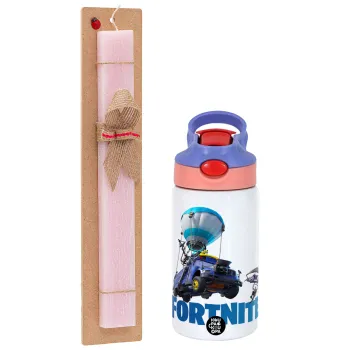 Fortnite Bus, Easter Set, Children's thermal stainless steel water bottle with safety straw, pink/purple (350ml) & Easter scented flat candle (30cm) (PINK)