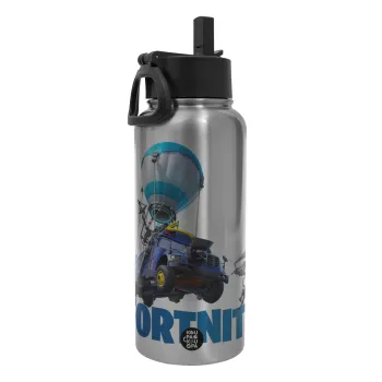 Fortnite Bus, Metal mug thermo Silver with Straw and Spout Lid (Stainless steel), double wall, 950ml