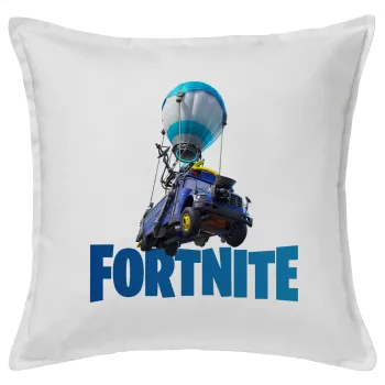 Fortnite Bus, Μαξιλάρι καναπέ ΛΕΥΚΟ 100% βαμβάκι, περιέχεται το γέμισμα (50x50cm)
