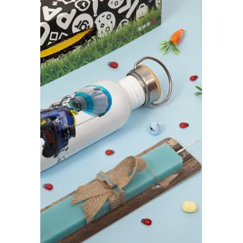 Fortnite Bus, Easter Set, metallic silver aluminum water bottle (500ml) & scented flat Easter candle (30cm) (TURQUOISE)