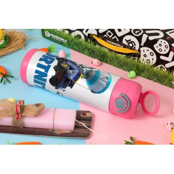 Fortnite Bus, Easter candle, Childrens hot water bottle, stainless steel, with safety straw, PINK (500ml)