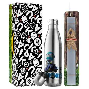 Fortnite Bus, Easter Set, metallic stainless thermos flask (500ml) & scented flat Easter candle (30cm) (GRAY)