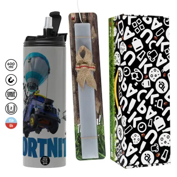 Fortnite Bus, Easter candle with Grey Tumbler Thermo 600ml & aromatic flat candle (30cm) (GREY)